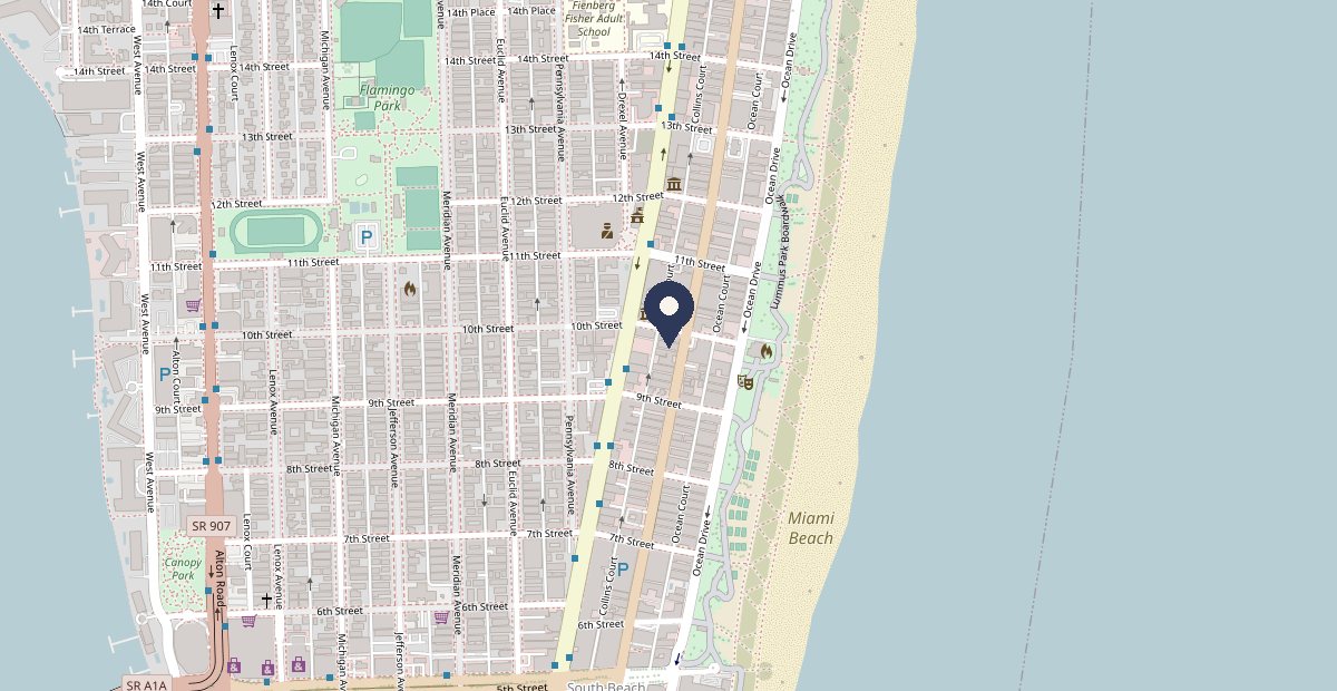 Mapa de South Beach con el hotel en Collins Avenue entre las calles 9 y 10