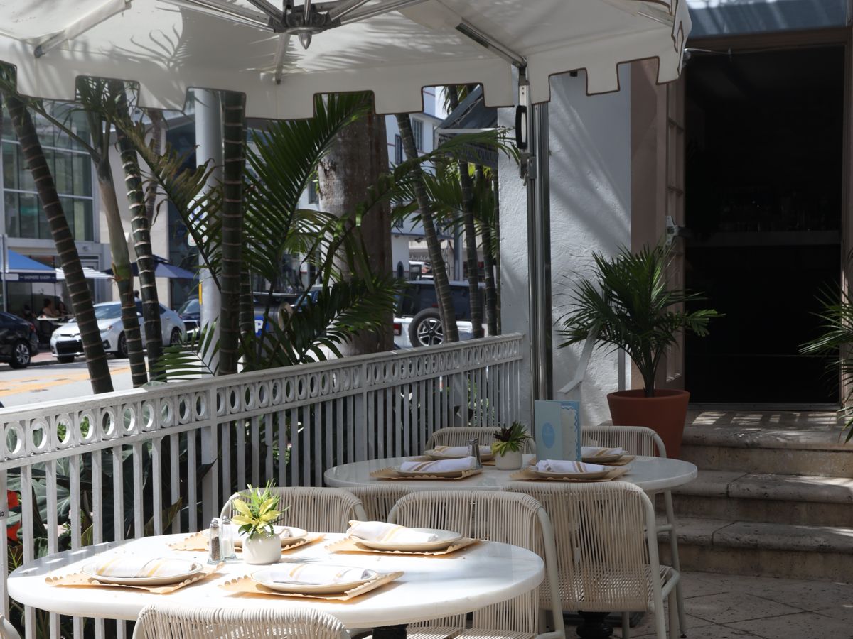 la terraza a la sombra junto a la calle, con mesas puestas y palmeras